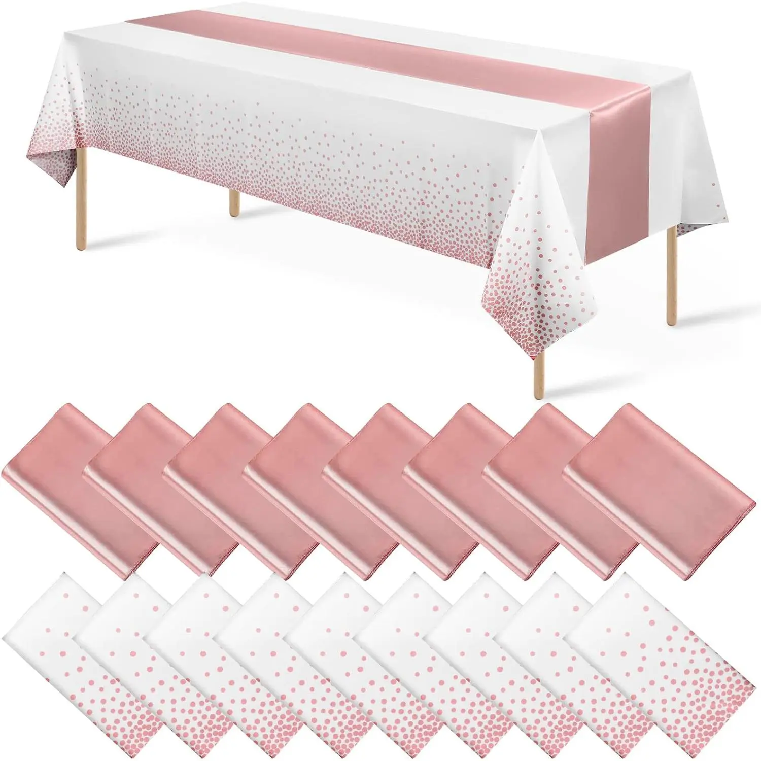 Disposable Plastic Tablecloth (White and Rose  Dot) And Satin Table Runner (Rose ) Set for Wedding Birthday  Shower Anniversary Christmas  Year Party, 16 Pack
