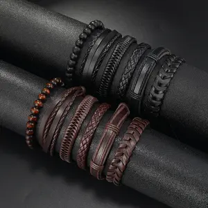 Simple Men's Leather Bracelet Handmade Weaving Multi-layer 6-piece Leather Bracelet Set