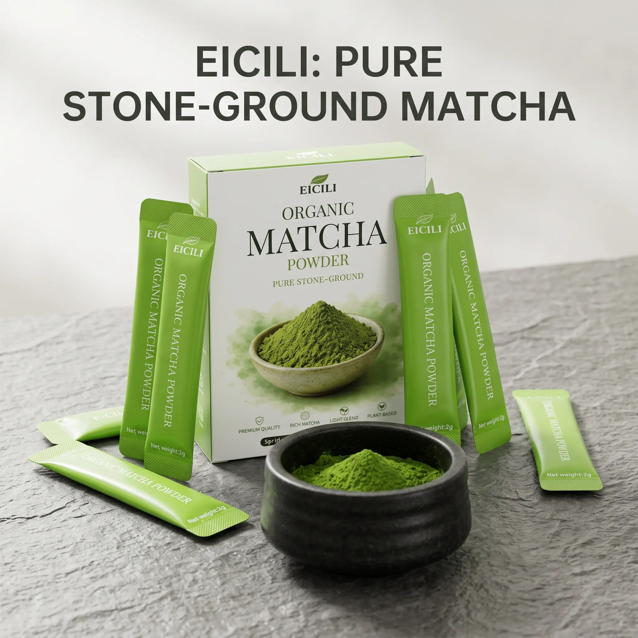 EICILI Organic Matcha Powder Sticks, Premium Stone-Ground Green Tea Powder, No Added Sugar, Vegan, Gluten-Free, 10 Pack