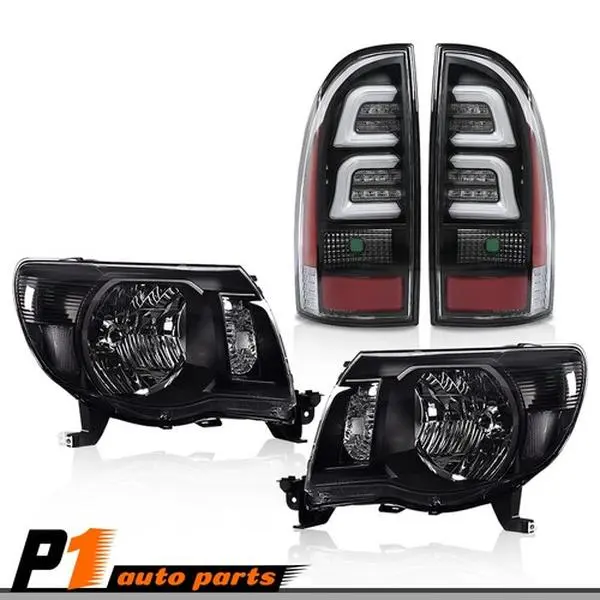 Black Headlights & 3D LED Tube Bar Tail Lights Set, Cars Accessories Car Lights, Compatible with 2005-11 Toyota Tacoma