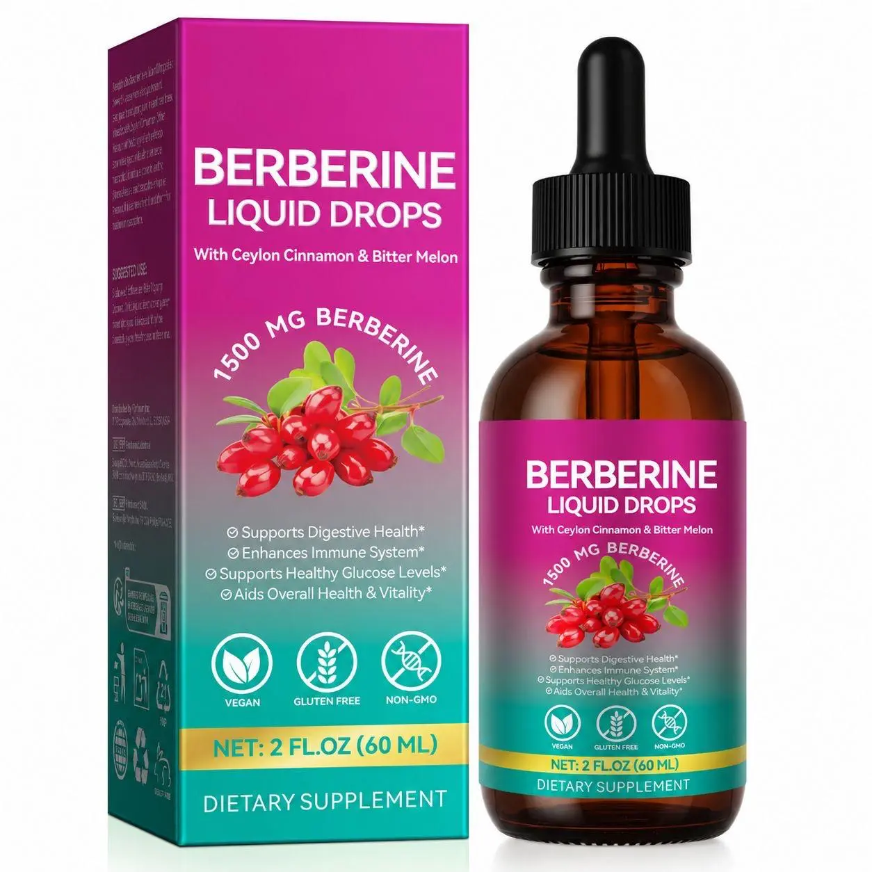 Berberine Supplement with Ceylon Cinnamon, Berberine, Bitter Melon, Quercetin, for Digestion System, Immune Health Support -Vegetarian, 2 fl oz