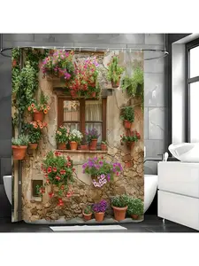 1pc Vintage Landscape Polyester Shower Curtain With Hooks - Water-Resistant, Machine Washable, Grommet Top, For All-Season Bathroom Decor Fall Decor Bathroom Accessories Back To School, Water Proof, Metal