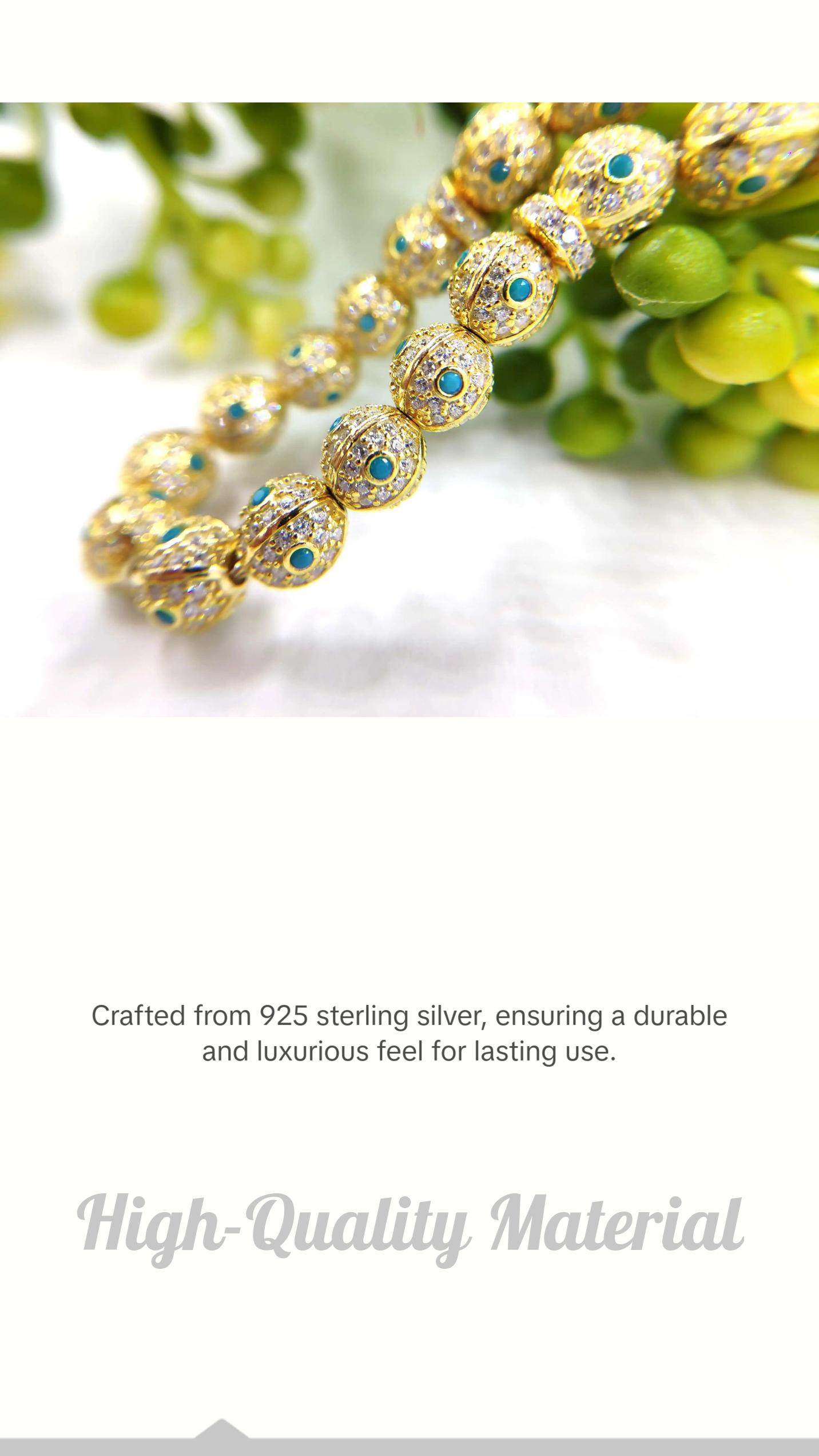 Gold Plated Sterling Silver Turquoise Zirconia Tasbih Muslim Prayer Round Worry Beads