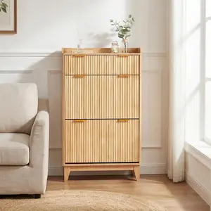 Wood Fluted Shoe Cabinet with 2 Flip Drawers & 1 Drawer, Narrow Hidden Shoe Cabinet with Adjustable Shelf for Entryway, Freestanding Slim Shoe Rack Organizer