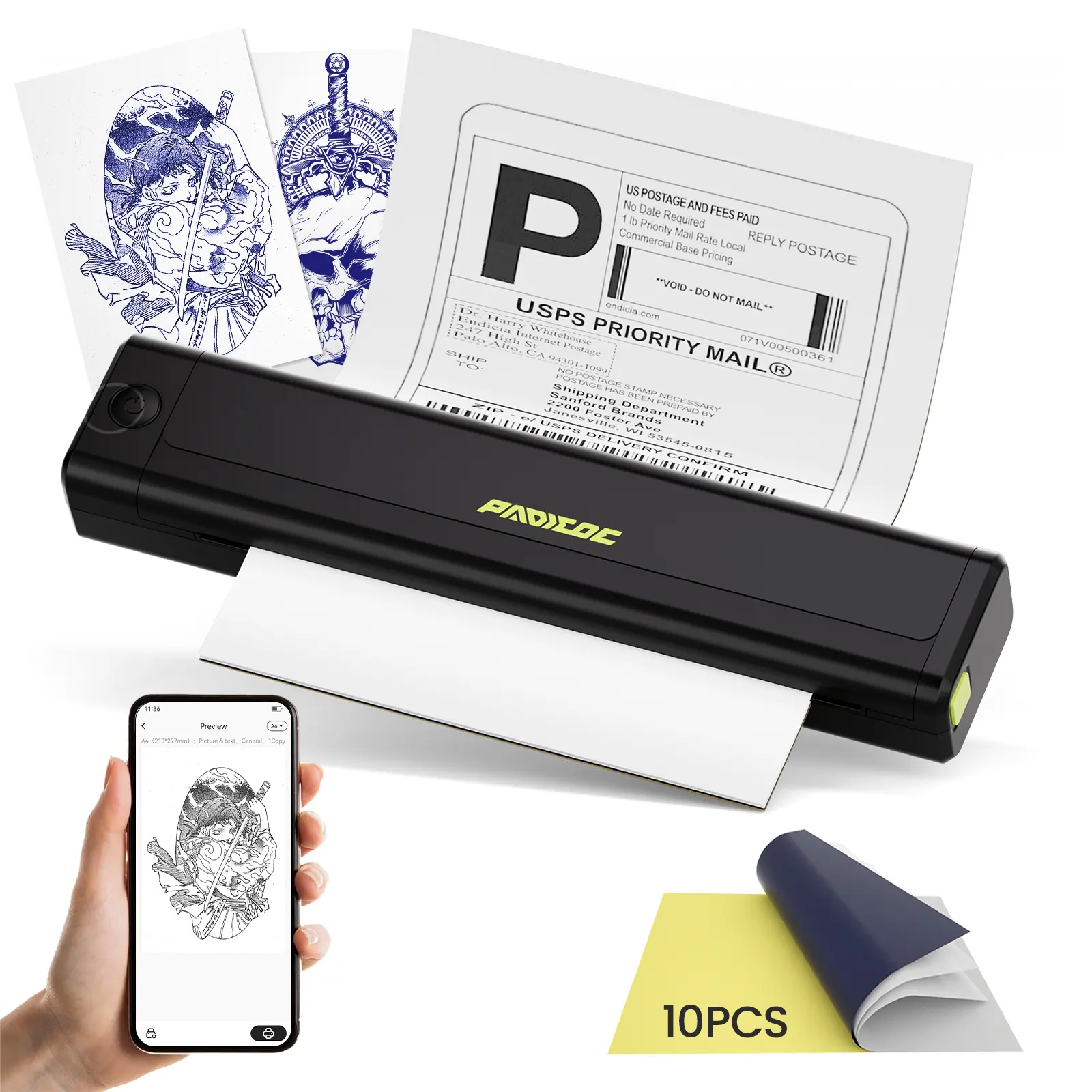 PADIEOE Wireless Tattoo Stencil Printer, No Ink Needed Bluetooth Thermal Transfer Machine, APP Control Compatible with iPhone Android PC, Portable A4 Stencil Maker for Beginners & Travel Artists- PADIEOE