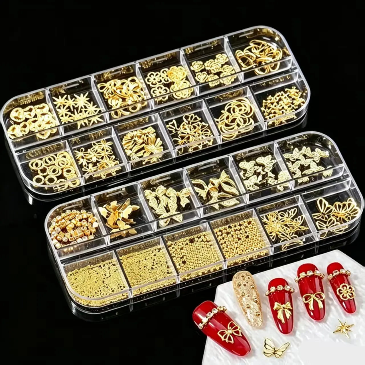 4-Box Gold Nail Charms & Gems Set with Tools - 3D Cross, Heart, Virgin Mary Rhinestones, Nails Supplies, Artificial, Boxed Tips, Butterfly Pattern, Crystal Design Accessories, Artificial Nail Art Accessories