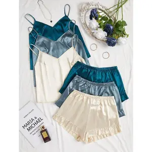 6pcs Solid Color Sleepwear  Pajama  With Frill Trimmed Camisole And Shorts Made Of Imitation Silk Set