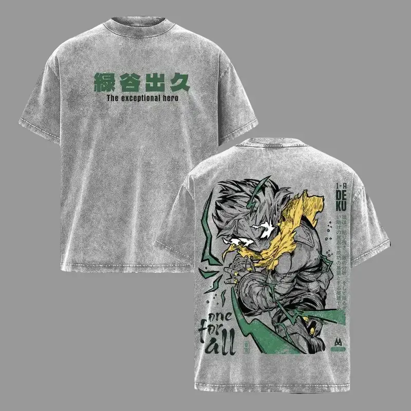 Men's Deku 1 For All Vintage Washed Oversized Round Neck Heavyweight Cotton Short-Sleeve Tshirt - My Hero Academia Izuku Midoriya Graphic Menswear, Classic Y2K Streetwear Gift for Anime Fans