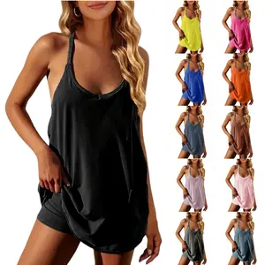 Women's Athletic Summer Sleeveless Mini Dress with Built-in Shorts Summer V Neck Spaghetti Strap Short Spring Tennis Dress with Pockets