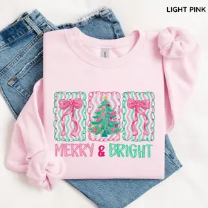 Floral Preppy Christmas Tree Bow T-Shirt, Merry & Bright Shirt, Coquette Christmas Tee, Pink Blue Holiday Shirt, Merry Christmas Sweatshirt,  Casual