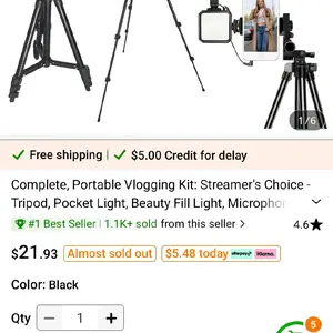 Tripod - Versatile Portable Vlogging Kit with Streamer's Choice - Tripod, Pocket Light, Beauty Fill Light, Microphone, Black Color