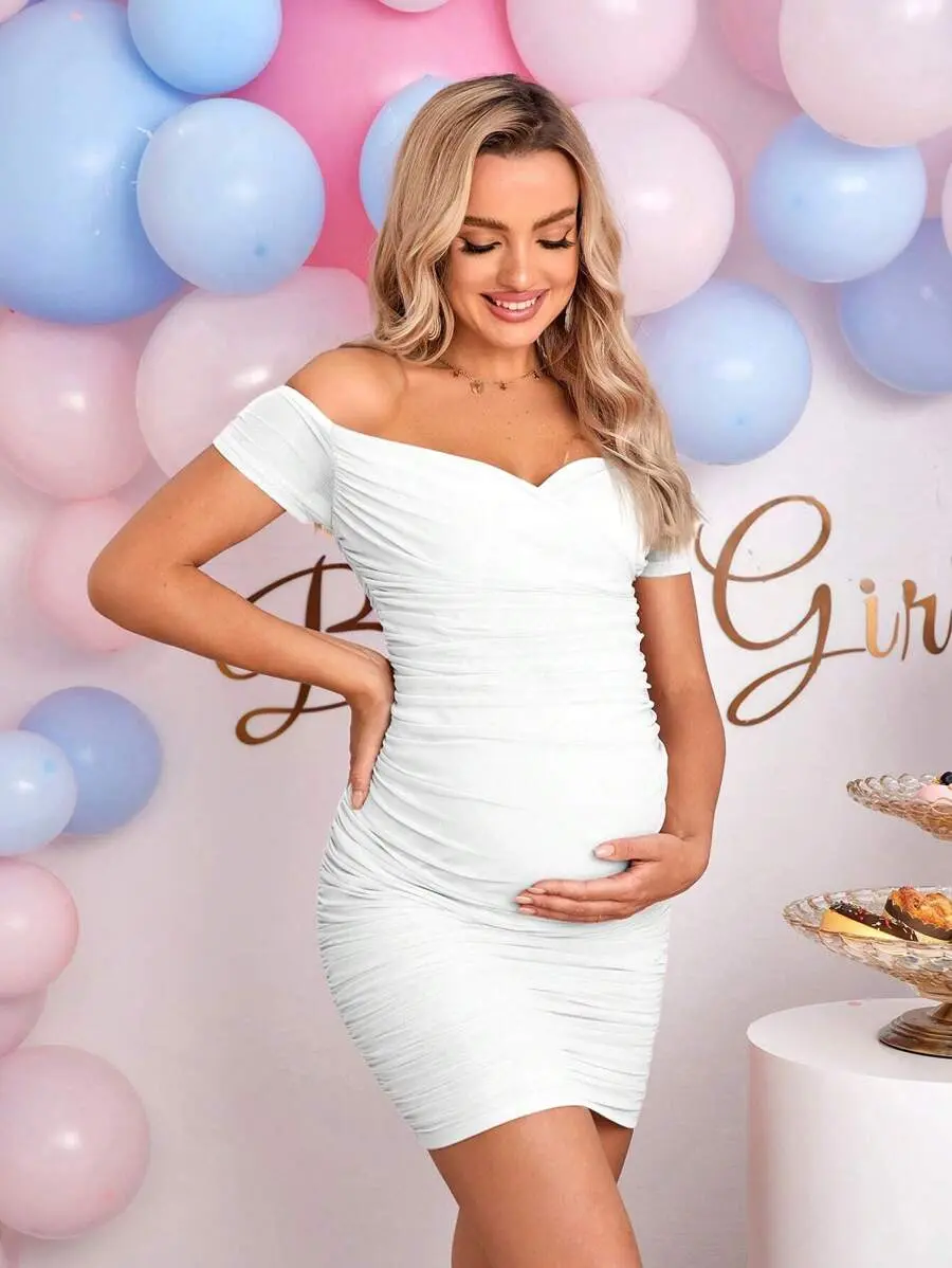 LUNA LAYER Womens Maternity Off Shoulder Ruched Bodycon Dress White Gender Reveal Baby Shower