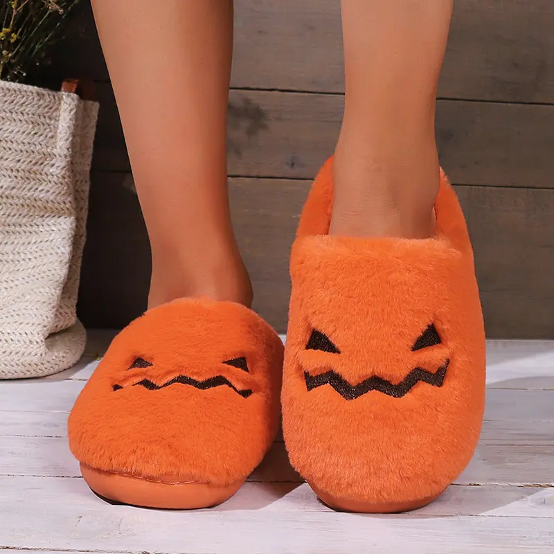 Cozy Plush Orange Pumpkin Halloween Slippers
