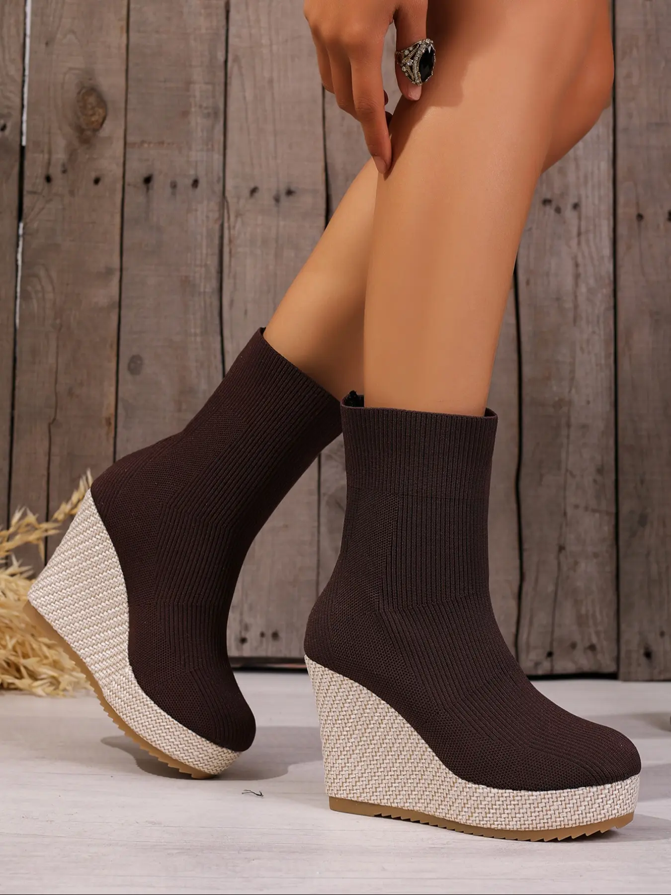 New Knitted Sock Boots for Women, Thick Sole Wedge Heel Elastic Short Boots, Height Increasing Slimming Casual Shoes, Pull On Boots