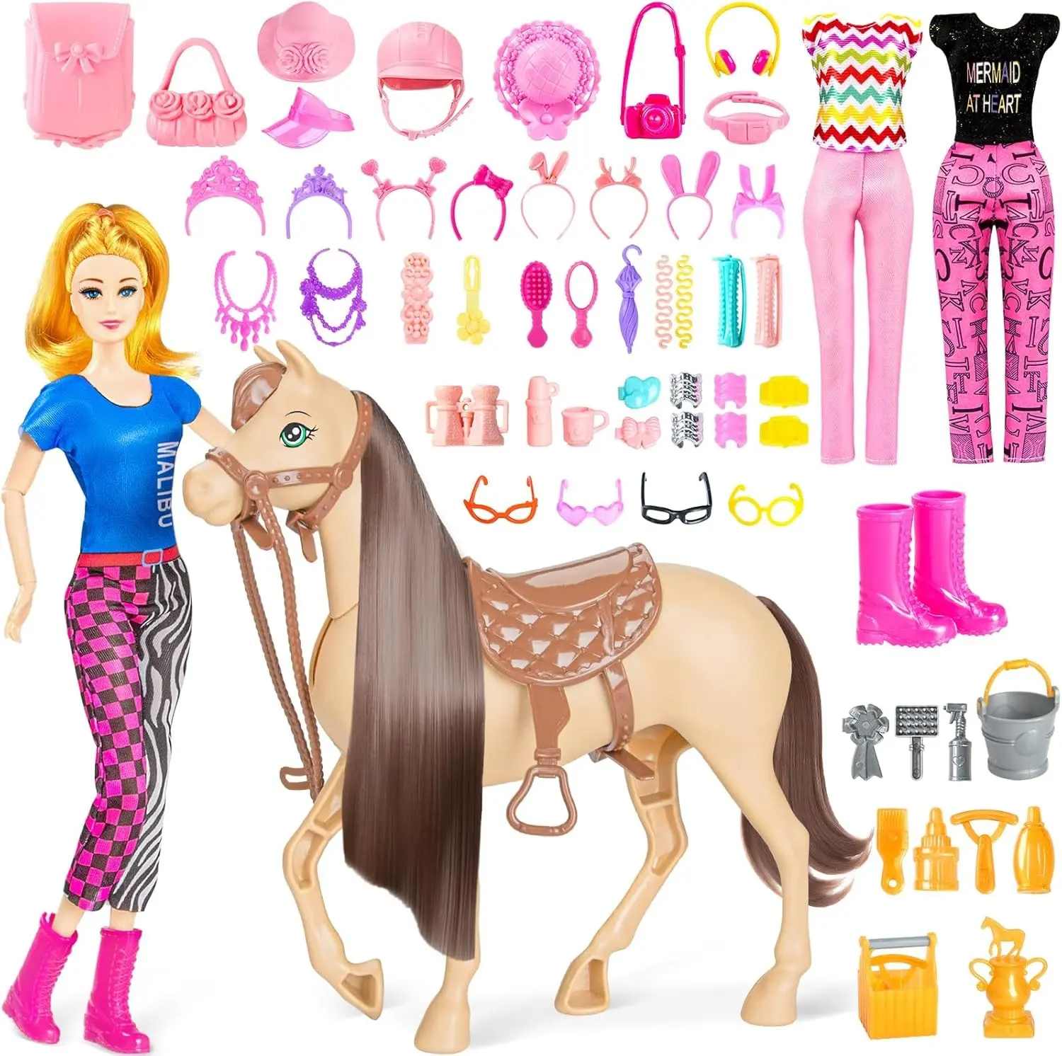 60 PCS Doll Horse Set Toy with Riding Gear, 11.5-Inch Fashion Blonde Doll in Riding Helmet, Horse Shape Light Brown Figure with Moveable Head, Saddle, Bridle & Reins for 3+ Years Old Playtime Fun