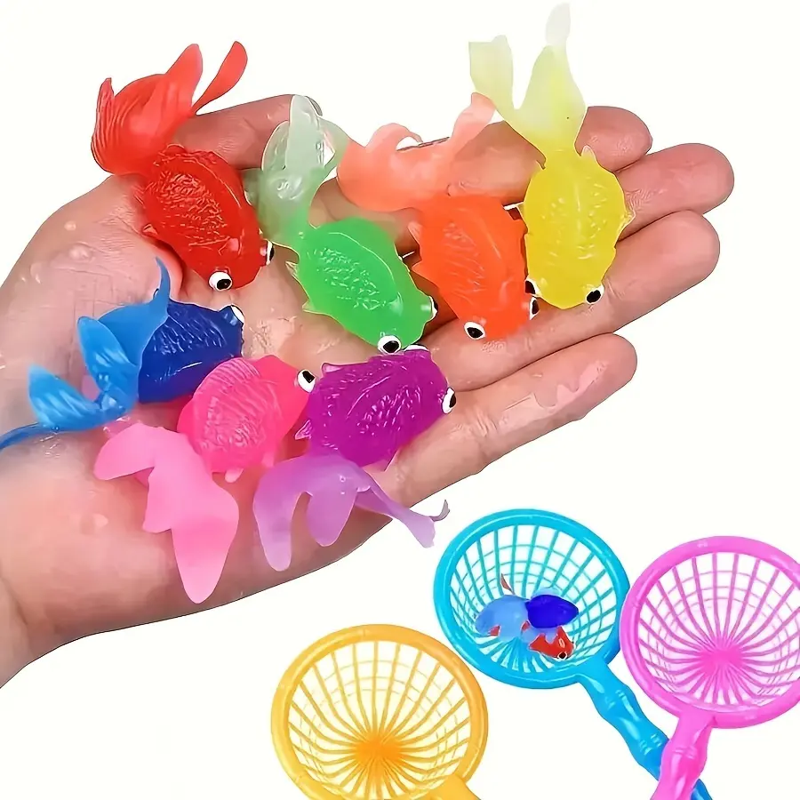 12-Pack Floating Rubber Goldfish Toys for Indoor & Outdoor Water Games, Summer Party Decorations & Supplies, Mixed Color Novelty Gag Gifts for Kids - No Nets Included