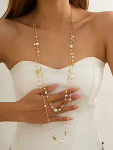 Vintage Palace Style Faux Pearl Long Necklace Set, Multi-Layer Clavicle Chain, Elegant Decoration, All Seasons Jewelry