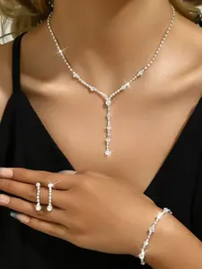 Women's Elegant Rhinestone Decor Pendant Necklace & Dangle Earrings & Bracelet, Exquisite Trendy Jewelry Set, Fashionable Jewelry Set, Fashion Accessories