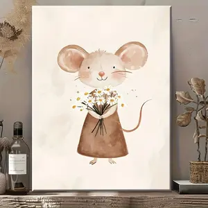 1 Unique Style Solid Wood Frame Canvas Painting Cute Mouse And Flowers Poster Art Decoration Print Painting Canvas Wall Art_ Perfect For Home Decoration, Festive Occasions And Gifts For Him/her. Suitable For Living Room And Bedroom, Ready To Hang, 2D	