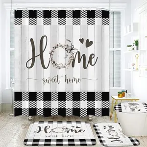 Black & White Shower Curtain Set Home Sweet  Bathroom Sets with Rugs Rustic Plaid Bathroom with Carpet Bath Mat Toilet Rugs Metal Flannel Waterproof