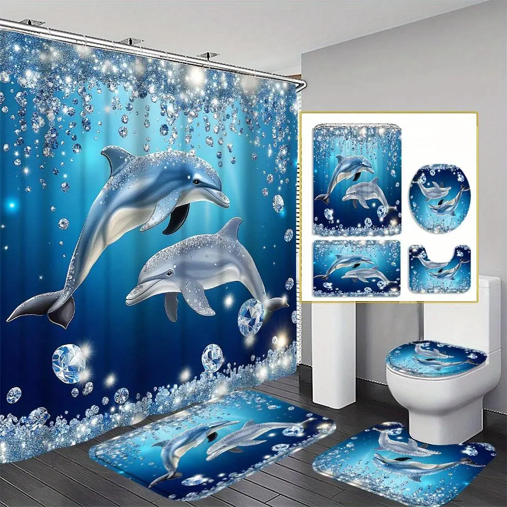 1pc/4pcs diamond rain dolphin shower curtain decoration, beautiful housewarming gift, modern home decoration, shower curtain and toilet floor mat three piece set with 12 shower curtain hooks