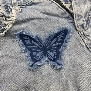 1pc Multi-functional Denim Fabric Fashion Vintage Fringed Hair Edge Effect Butterfly Shape Embroidered Patch for Hat Jeans Clothes Shirt Shoes Bag Decoration Denim Butterfly Patch Embroidered Patch