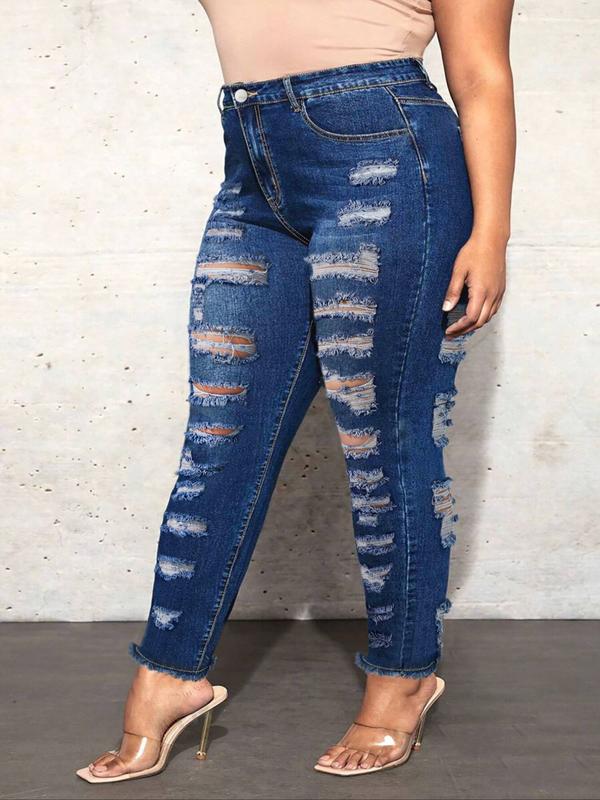 Plus Size Women's Fashion Ripped Denim Jeans, Tight Fit Sexy Slim Fit Pants, Elastic Fabric for Parties, All Seasons Wear