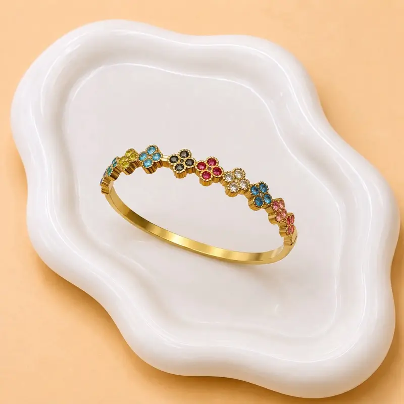 18k Gold-Toned Stainless Steel Bangle Bracelet, 53MM Size, Colorful Gemstone with Sparkling Accents