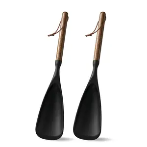 SUMZZZ One piece Silicone cooking spoon with wooden handle, suitable for cooking and serving. High-quality BPA-free matte silicone, suitable for stirring and scraping (black)