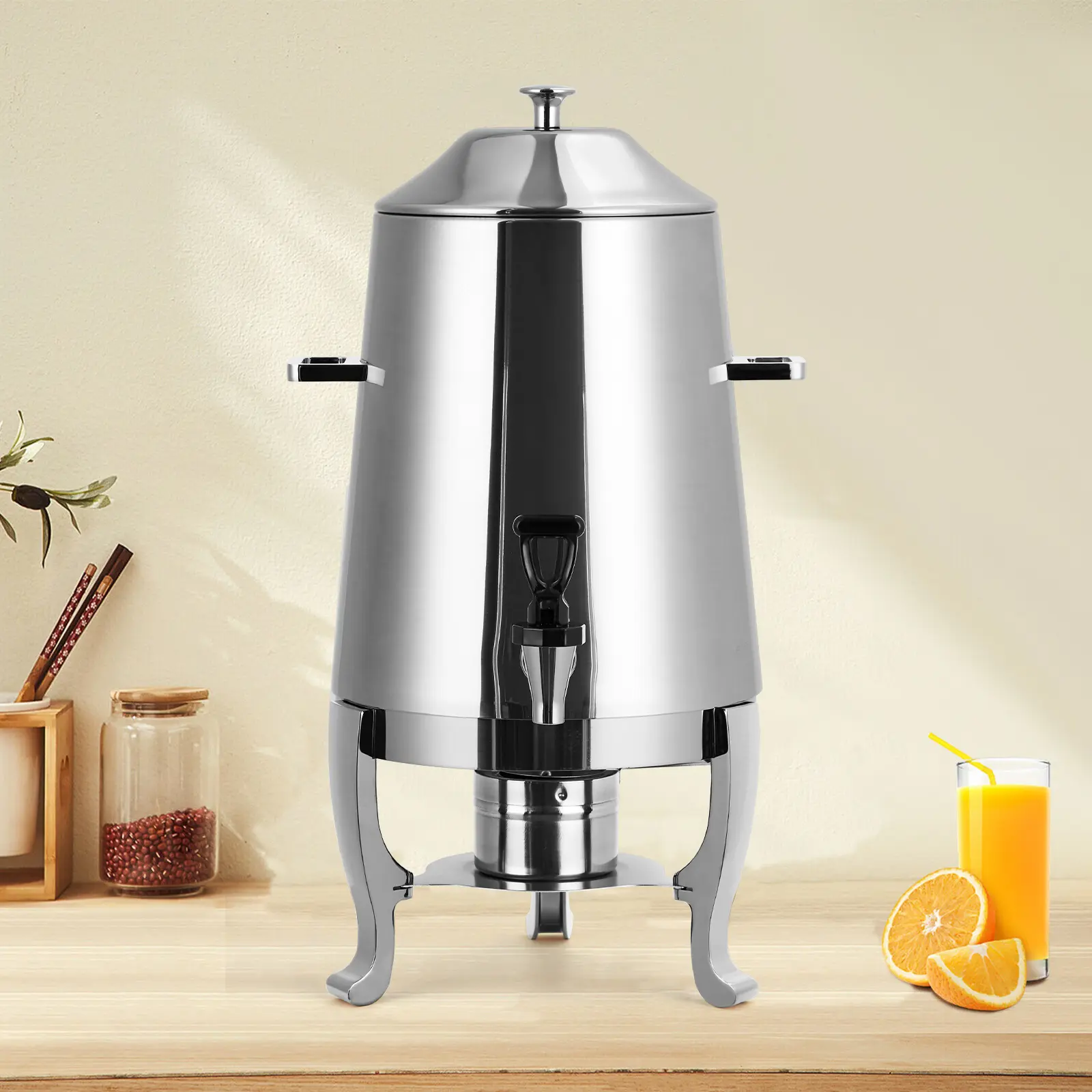 Stainless Steel Thermal Beverage Dispenser - 3.4 Gal (13L) Commercial Dual-Temp Hot & Cold Urn, Durable Catering Server with Drip-Free Spigot for Coffee, Tea