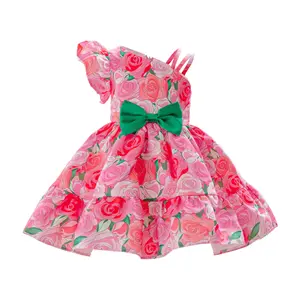 Ready Stock 2-10T Girls Flower Print One Shoulder Bow Princess Wedding Party Dress, Kid's Performance Dress ZT-X8854