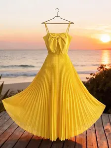 Women's Bright Yellow Spaghetti Strap Pleated Maxi Dress, High Waist Bow Front Sleeveless A-Line Flowy Dress, Lightweight Elegant Summer Gown for Beach Vacation/Wedding Guest/Cocktail Party/Bridesmaid/All Special Occasions