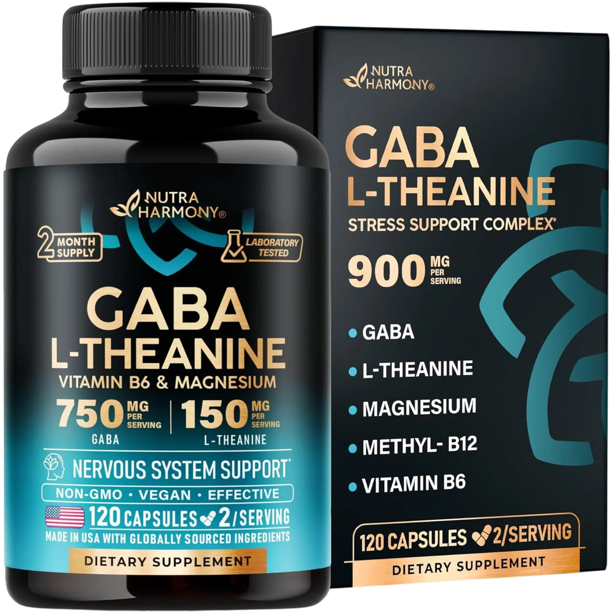 NUTRAHARMONY GABA Supplements with L-theanine & Magnesium for Relaxation. USA Made