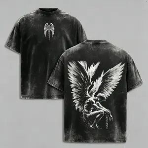 Vintage Washed Fallen Angel Graphic Tee for Men｜Dark Gothic Wing Cross Print Front & Back, Oversized Retro Christian Streetwear, Soft Heavyweight Distressed T-Shirt, Edgy Faith Aesthetic Daily Outfit Gift for Guys，funny graphic tee, men’s trendy t-shirts,