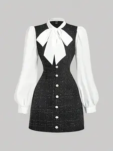 ✨ Chic Long Sleeve White Tweed Dress With Bow Accent, Perfect Graduation And Party Look.