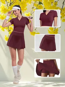 Tennis Girl Polo Neck Short Sleeve Set, Anti-Slip Pleated Tennis Skirt Two-Piece Set, Casual Sports Fitness for All Seasons
