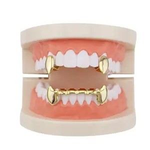Golden Glossy Hip Hop Single Grillz - Alloy Tiger Teeth Decoration for Men & Women, Punk Style Golden Plated Cap, Perfect for Parties & Statement Looks, Party Accessories |   Bold Dental Grillz |   Striking Design Oral
