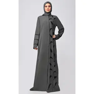 Arabic Grey Enchantress Embroidered Abaya With Pockets