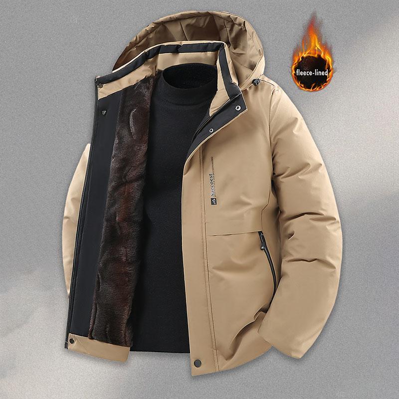 Men's Winter Fleece-Lined Sports Outdoor Casual Jacket Cotton-Padded Hooded Mountaineering Coat with Removable Cap Graphene Warm Parka Long Sleeve Menswear Tops Beige Khaki winter outfits men puffer jacket men heated jacket winter jacket jacket cute drago