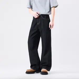 NELEUS Men's Raw Dark Indigo Lyocell Wide Leg Baggy Jeans, Super Soft Unwashed Loose Straight Denim Pants, Vintage Casual Plain Tencel Denim Trousers