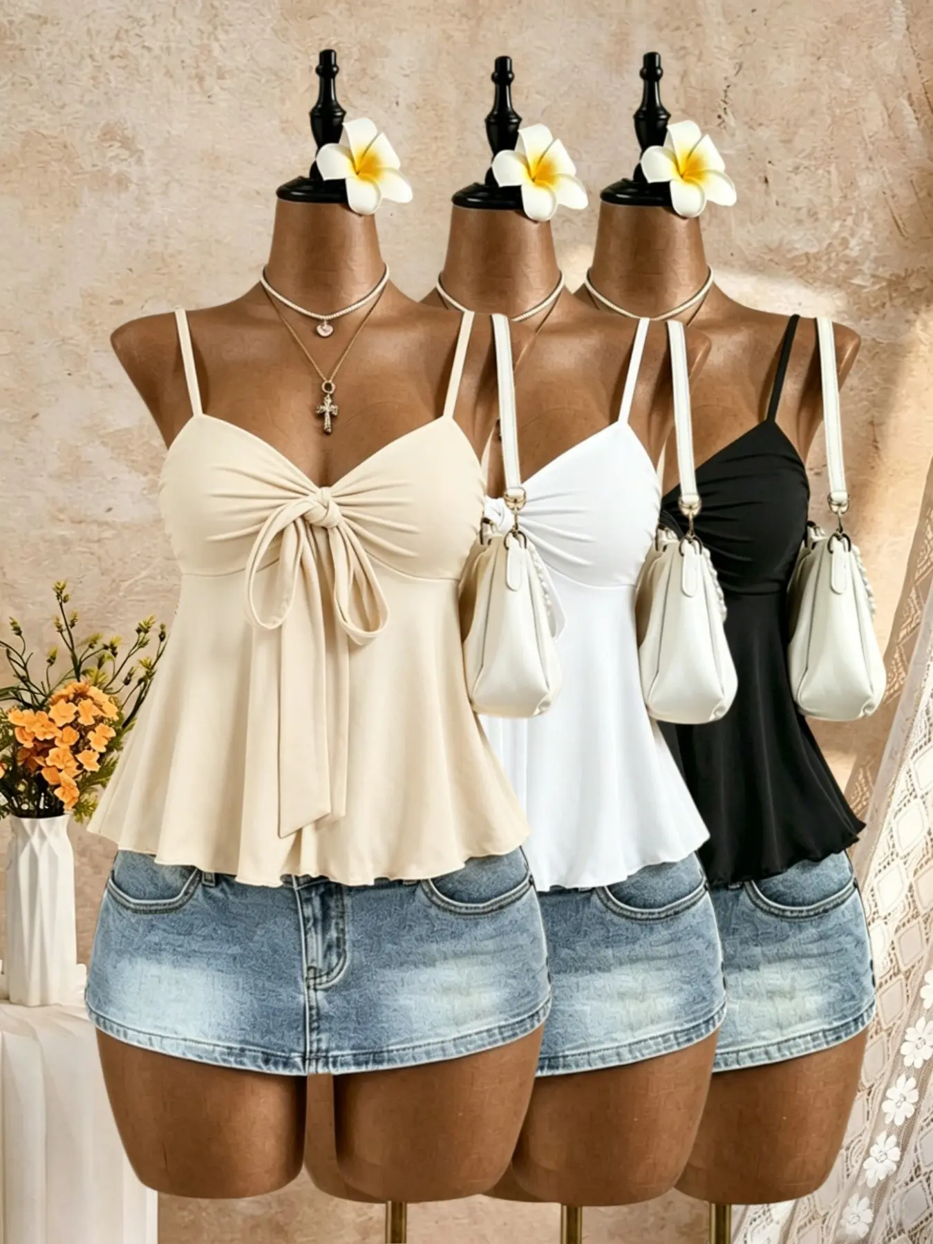 Women's Tie-Back Bow Halter Top Set, Summer Casual Chic Sleeveless Fit V-Neck Flowing Ruffle Blouse, Perfect for Beach Parties and Dates
