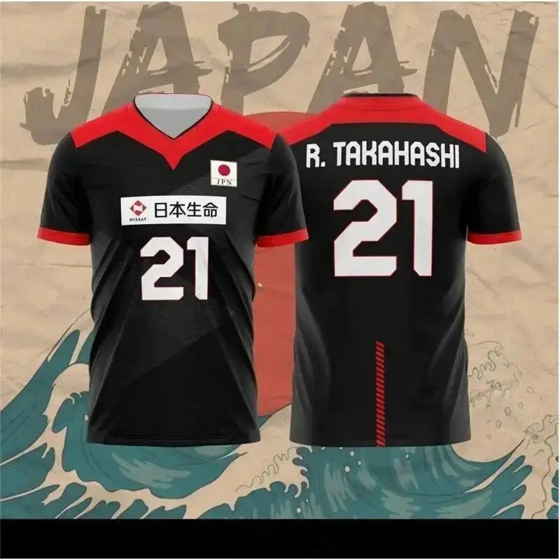 Japan Volleyball Jersey, Men's/Women's Breathable Quick-Dry Loose-Fitting T-Shirt, R.Takahashi No.21/Ishikawa No.14 Sports Casual Top