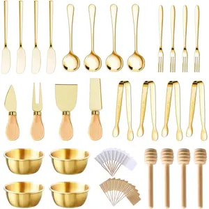 48 Pcs Charcuterie Boards Accessories Butter Spreader Knives Set Stainless Steel Cheese Mini Serving Tongs Spoons Forks Dipping Bowls Toothpick Flags Utensils for Pastry Making Wedding Christmas(Gold)