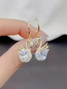 1 pair of luxurious golden swan shaped women's pendant earrings, decorated with rhinestones and artificial crystals - sparkling and elegant daily party earring gift