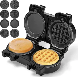 Mini Waffles Maker with 8 Removable Plates, 4 in 1 Double Small Waffle Maker Mini- Waffle, Heart Waffle, Pancake, Donut, 5" Non Stick Waffle Iron for , Use One/Both Sides By the Button On the