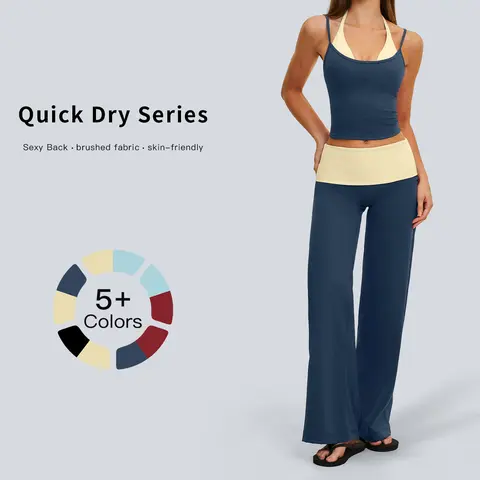 Tenwolf Female 2-Piece Yoga Gym Set - Casual Sport Color-Blocked Folded Waist Thin-Strap Back-Design Camisole + Wide-Leg Fraying Texture Quick-Dry Athletic Pants, Yoga Fitness Sportswear, Matching Workout Sets, Workout Gym Activewear