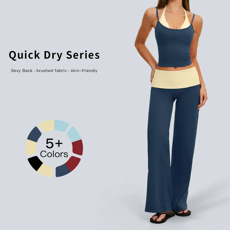 Tenwolf Female 2-Piece Yoga Gym Set - Casual Sport Color-Blocked Folded Waist Thin-Strap Back-Design Camisole + Wide-Leg Fraying Texture Quick-Dry Athletic Pants, Yoga Fitness Sportswear, Matching Workout Sets, Workout Gym Activewear