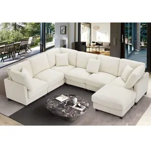 1PC, Modular Combination , L-Shaped  For 7 Seats, Sectional  Couches, Free Combination, Removable Modules With Wooden Legs  Upholstery, U-Shaped  For    Office, Large Space,   Furniture, Home Decor, Beige sofa living room and Faux Fur Bean Bag coffee