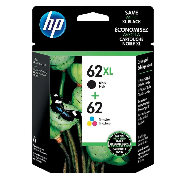 HP 62XL 62 Ink Cartridges 2-Pack, Black & Tri-Color, N9H67FN#140, Genuine HP Replacement Ink for Compatible Printers, Reliable Black and Color Printing for Home Office, School, Photos & Everyday Documents