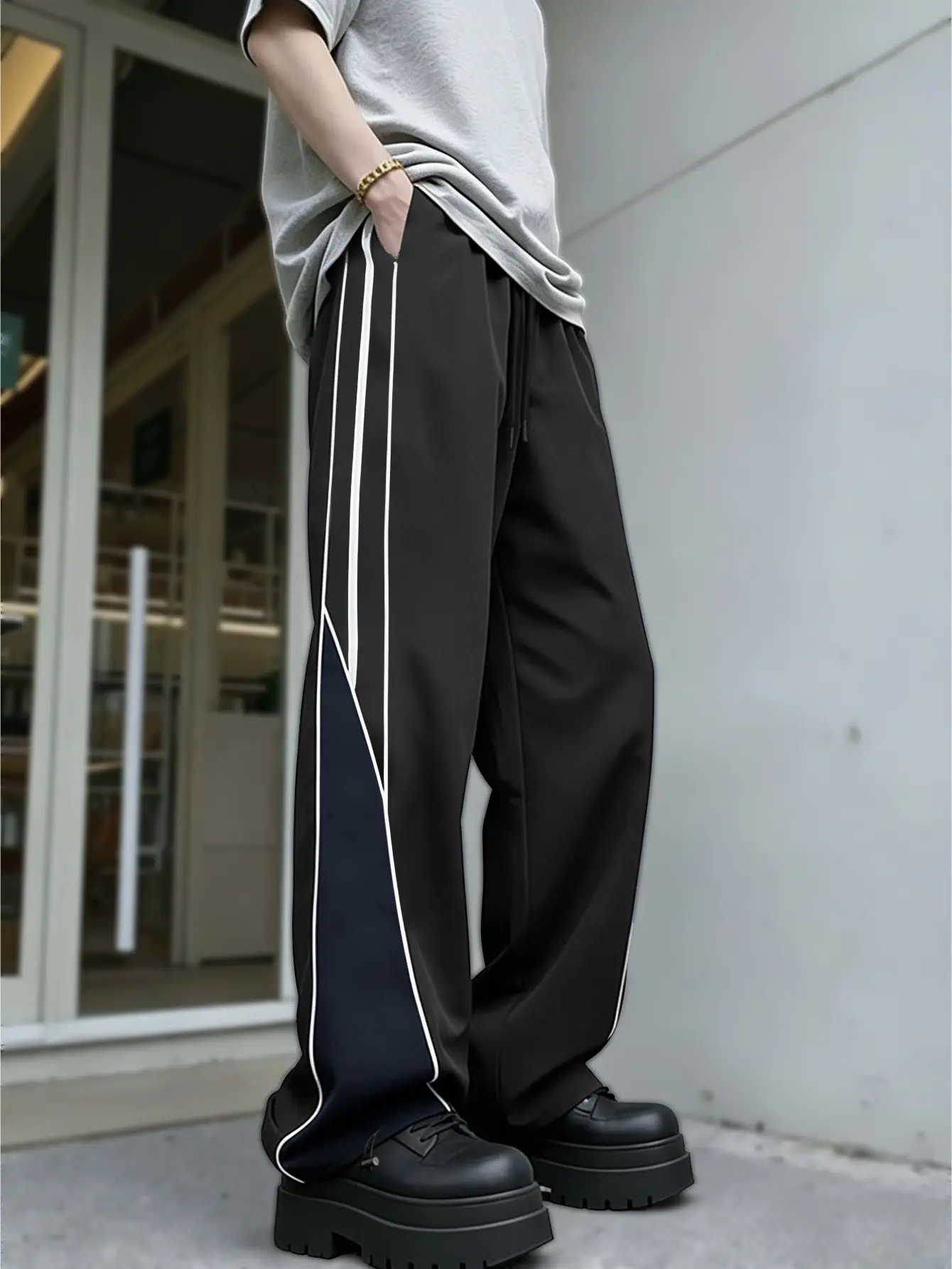 Men Wide Leg Pants Smart Casual Streetwear Drawstring Waist Side Stripe Contrast Panel Relaxed Fit Trousers